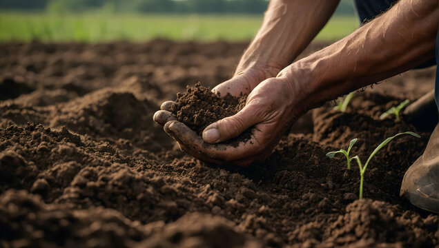 Real Photo  photo stock business happy theme as Agricultural Economics concept as A close-up of a farmers hands examining soil quality, Full depth of field,  high quality ,include copy space, No noise