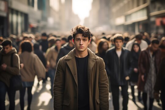 Young man stands in the middle of crowded street. A young man stands tall in the midst of the vibrant city life.