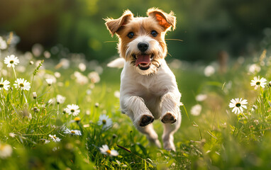 Happy running dog in a meadow full of flowers and green grass, bright, vivid and dynamic image. Point of view from the bottom between the grass. - obrazy, fototapety, plakaty
