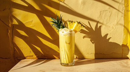 Pineapple smoothie in glass, product photography, close-up shot, prime lens, outside, outdoors, minimalist table, sustainable cafe with stucco cement walls, isolated shot, sunny, bright soft light