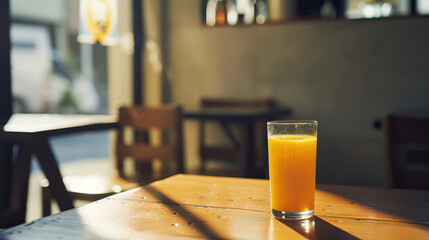 Product photography, close-up shot, prime lens, outside, outdoors, glass with fresh orange juice, minimalist table, sustainable cafe with stucco cement walls, isolated shot, sunny, bright soft light, 
