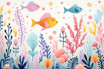 Fototapete Meeresleben Beautiful colorful under sea with cute undersea animals in minimal style