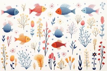 Beautiful colorful under sea with cute undersea animals in minimal style - obrazy, fototapety, plakaty