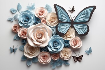 Roses and butterflies in pastel color in minimal style, paper cut out effect 