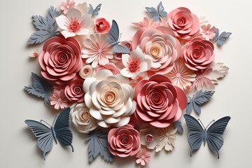 Roses and butterflies in pastel color in minimal style, paper cut out effect 