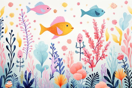 Beautiful colorful under sea with cute undersea animals in minimal style