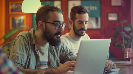 Fototapeta premium Male hipster entrepreneurs working with laptop at desk in creative office.