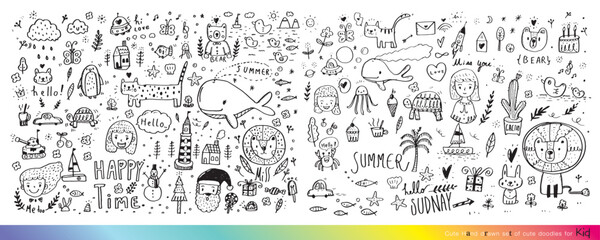 Obraz premium Vector illustration of Doodle cute for kid, Hand drawn set of cute doodles for decoration,Funny Doodle Hand Drawn, Summer, Doodle set of objects from a child's life,Cute animal