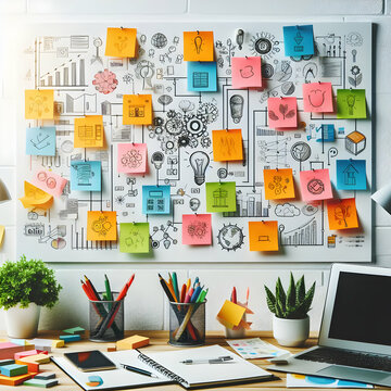 Real Photo photo stock business happy theme as Creative Brainstorming concept as A close-up of colorful sticky notes on a whiteboard during a brainstorming session