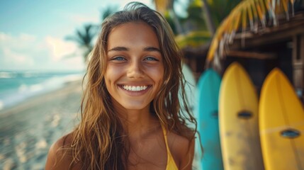 Attractive surfer girl with her board smiles brightly against a backdrop of colorful surfboards and beach - obrazy, fototapety, plakaty