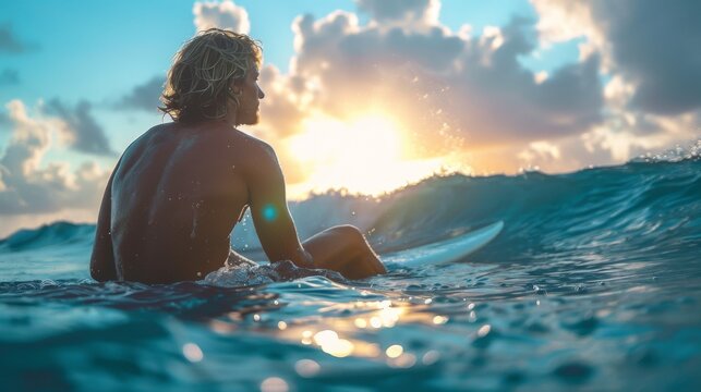 An attractive surfer sitting on his board, waiting for the waves as the sun sets, painting the sky with colors.