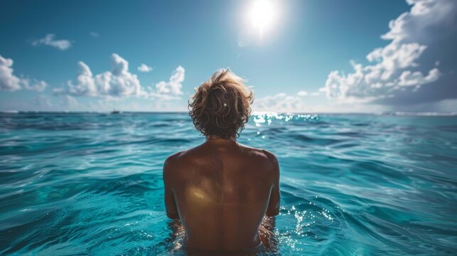 An attractive surfer sitting on his board, waiting for the waves as the sun sets, painting the sky with colors. - Powered by Adobe