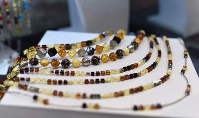 Pendants made of amber. Jewelry store