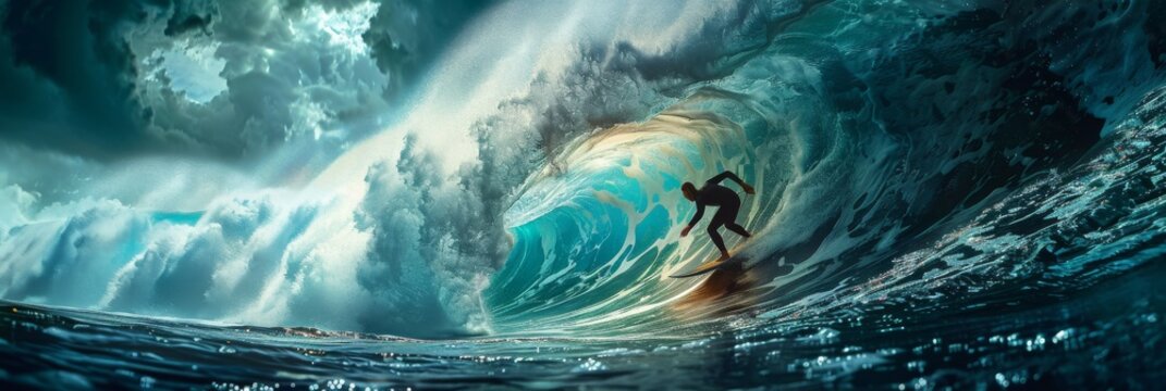 Dynamic surfer caught in the act of performing an intricate aerial maneuver atop a massive, curling wave. - Powered by Adobe