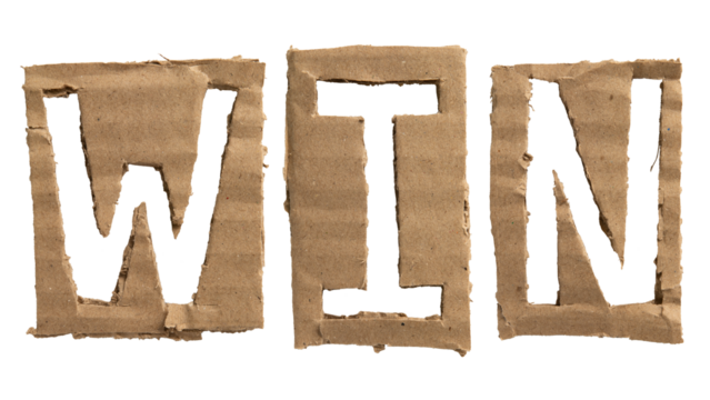 A word "WIN" crafted from a cardboard