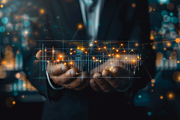 stock market graphic, business intelligence integration, cloud service, and analytics network.