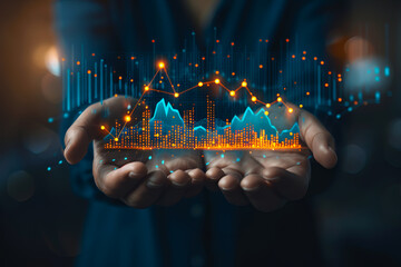 stock market graphic, business intelligence integration, cloud service, and analytics network.