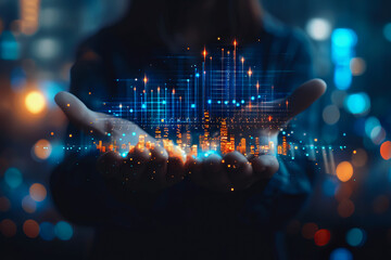 stock market graphic, business intelligence integration, cloud service, and analytics network.