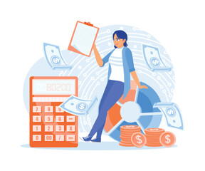 Women analyzing finances. Calculate profits and taxes using a calculator. Accounting concepts. Flat vector illustration.