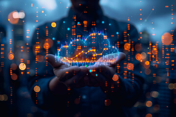 stock market graphic, business intelligence integration, cloud service, and analytics network.