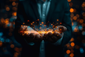 stock market graphic, business intelligence integration, cloud service, and analytics network.