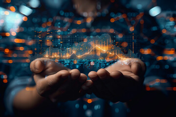 stock market graphic, business intelligence integration, cloud service, and analytics network.