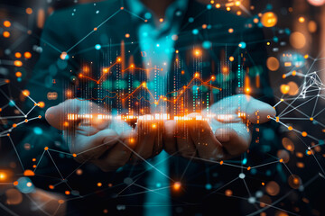 stock market graphic, business intelligence integration, cloud service, and analytics network.