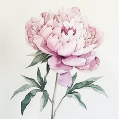 isolated Watercolor pink peony on white background