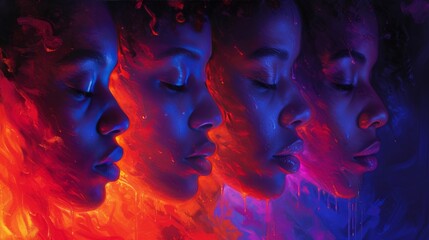 Portraits of a young child emerge in a dreamscape, bathed in neon blue and red lights, capturing the essence of childhood wonder. The series showcases a progression of expressions, highlighting the