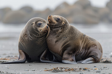 Fototapeta premium A pair of sea lions on the beach.