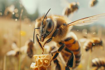 Macro shot of a bee flying over a field - obrazy, fototapety, plakaty