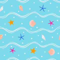 beach blue ocean seamless pattern. conch, shell, starfish, sea star, wave background. good for fabric, fashion design, wrapping paper, textile, resort wear, bikini, swim wear, clothing, wallpaper.