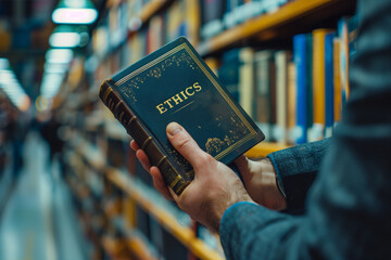 A man is holding a book with the inscription - ETHICS.
