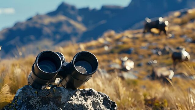 A pair of binoculars focuses in on a distant hilltop where a group of rare mountain goats can be seen grazing. The explorers can hardly believe their luck at stumbling upon