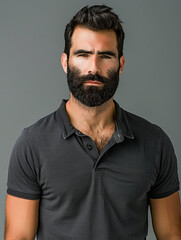Close-up image of a bearded man with serious expression wearing a black polo shirt