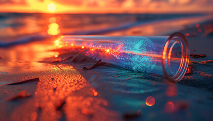 Glowing Message in a Bottle on a Sunset Beach: A Mysterious and Magical Evening - obrazy, fototapety, plakaty