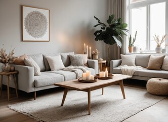 Modern boho interior of living room in cozy apartment. Simple cozy living room interior with light gray sofa