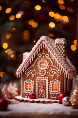 Christmas card template. Happy New year backdrop. Beautiful gingerbread house background.