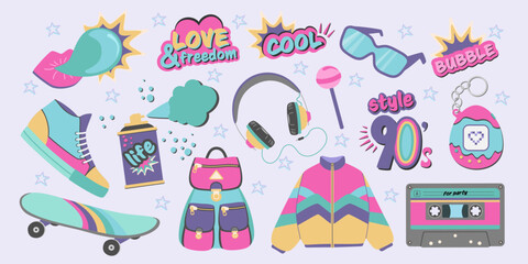 Set illustrations in 90 style. Pop art stickers 90s flat design. Attributes of pop culture of the 90s. Vector illustration. 

