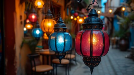 Colorful glass lanterns create a magical ambiance in a cozy alleyway. The soft glow casts a tranquil mood over the quaint outdoor seating area.