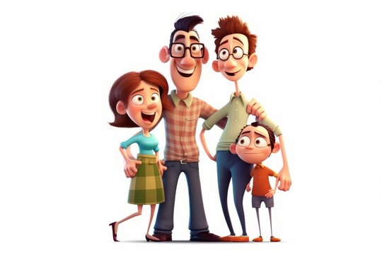 A cheerful cartoon family with two parents and two children, all smiling happily in a close-knit pose