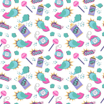 Seamless pattern in 90 style. Illustrations in 90 style. Spray paint, lollipop, bubble gum,virtual pet in flat design. Attributes of pop culture of the 90s. Vector illustration. 
