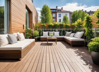 Fototapeta na wymiar Modern terrace with wood deck flooring and fence, green potted flowers plants and outdoors furniture