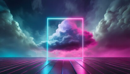 Abstract geometric background with square neon frame and cloud