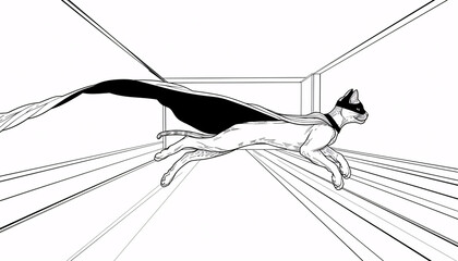 Superhero Cat in Flight: A Dynamic Black and White Illustration