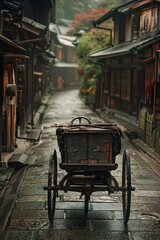 Exquisite Capture of a Traditional Jinrikisha on a Classic Japanese Street