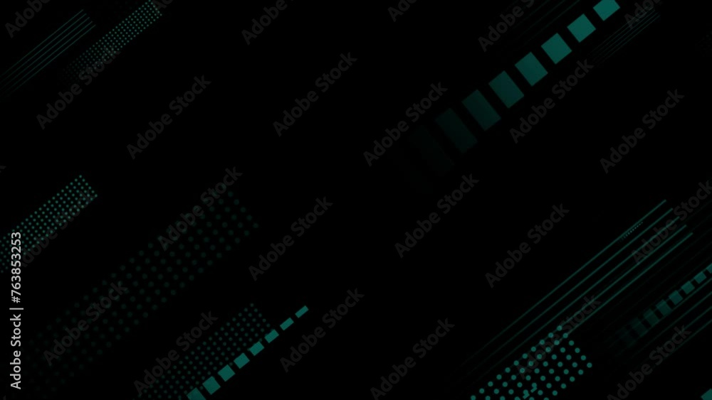 Poster cyan color digital abstract shapes floating diagonally on black background