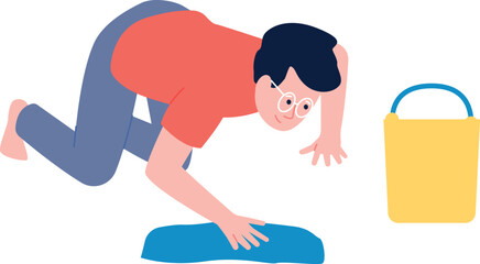 Man cleaning floor with bucket and wet cloth. Housekeeping character