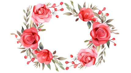 Elegant Round Wreath with Red Rose in Watercolor on isolated white background. PNG Format