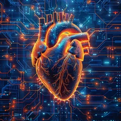 Fotobehang Visual metaphor of a heart versus high cholesterol, placed over a backdrop of electronic circuits, merging health with digital era © miss[SIRI]